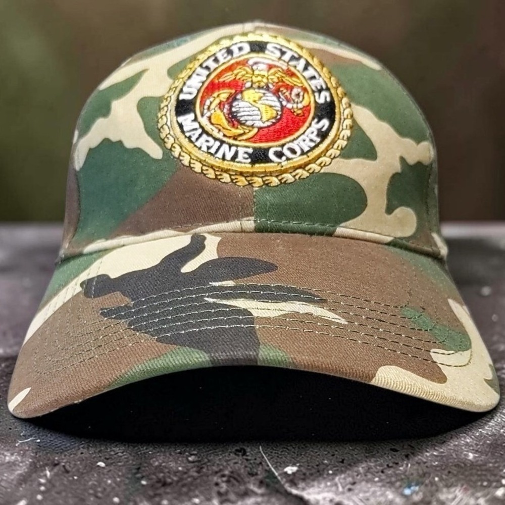 VTG Rothco US Marine Corps Camo Patch Hat OSFM Men Strapback USMC Woodland Cap